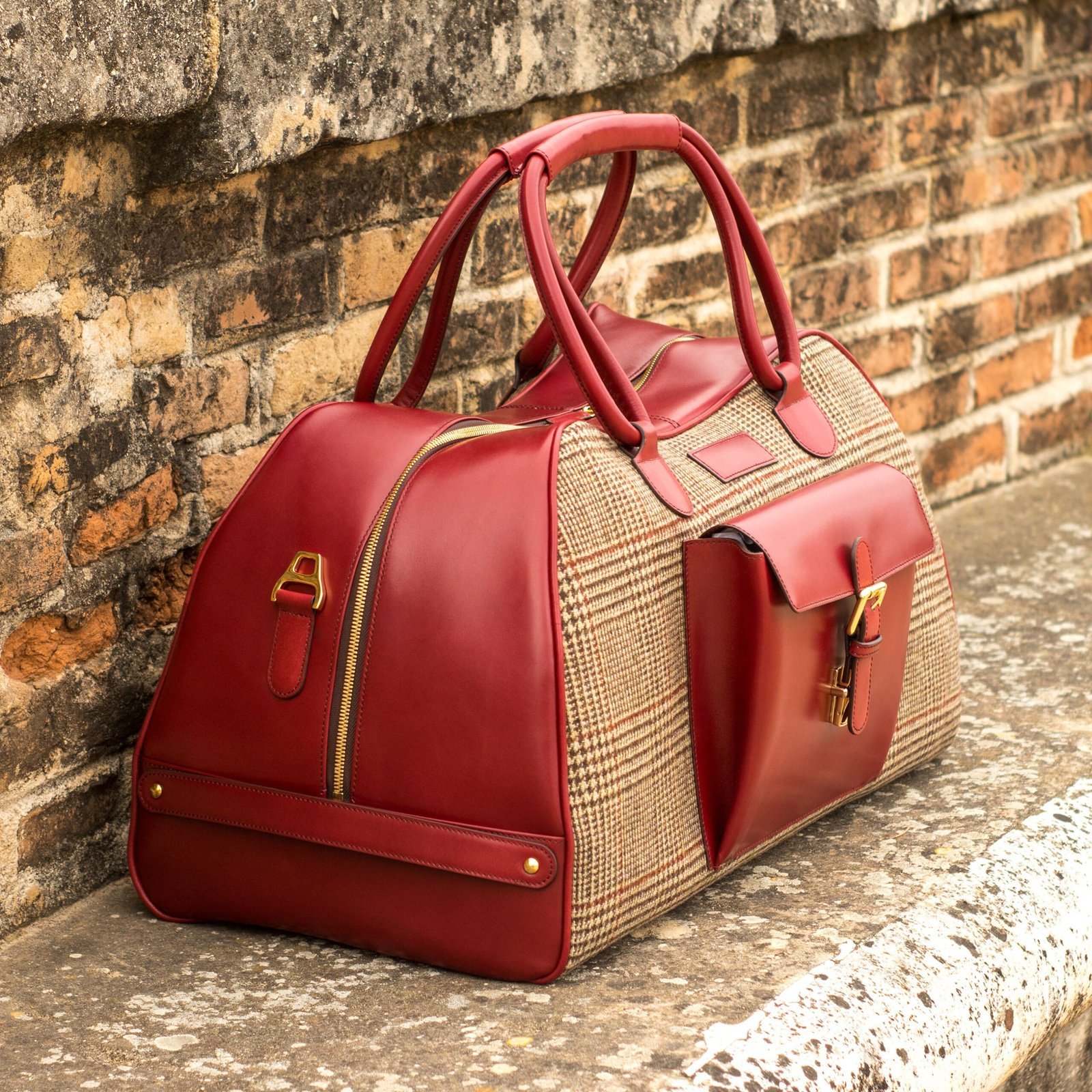 Elegant Tweed and Red Leather Duffle