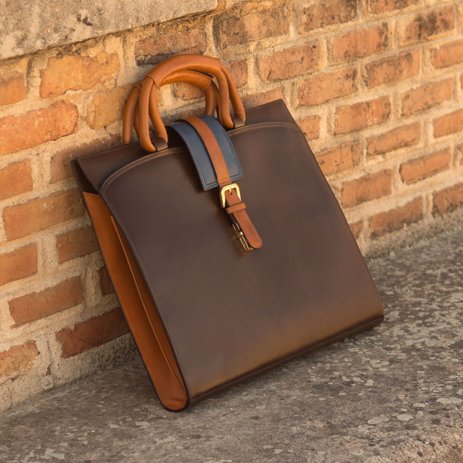Cognac and Navy Leather Professional Briefcase