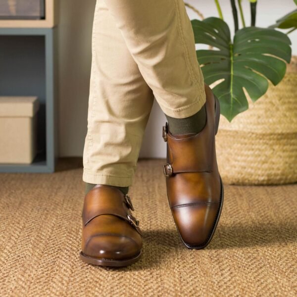 Modern Double Monk Cognac Leather Shoes